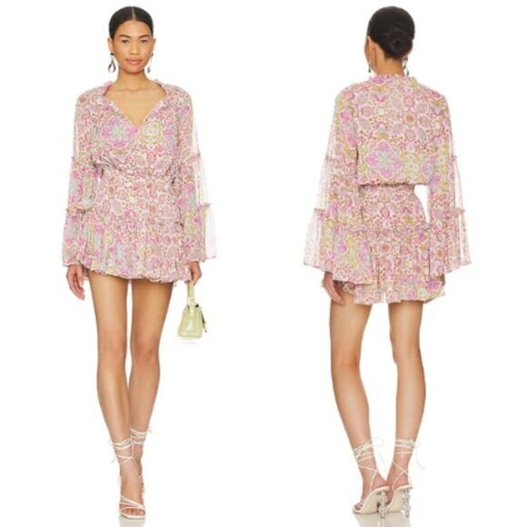 NEW Misa Leeva Floral Smocked Waist Long Sleeve Mini Dress Veranda Flora